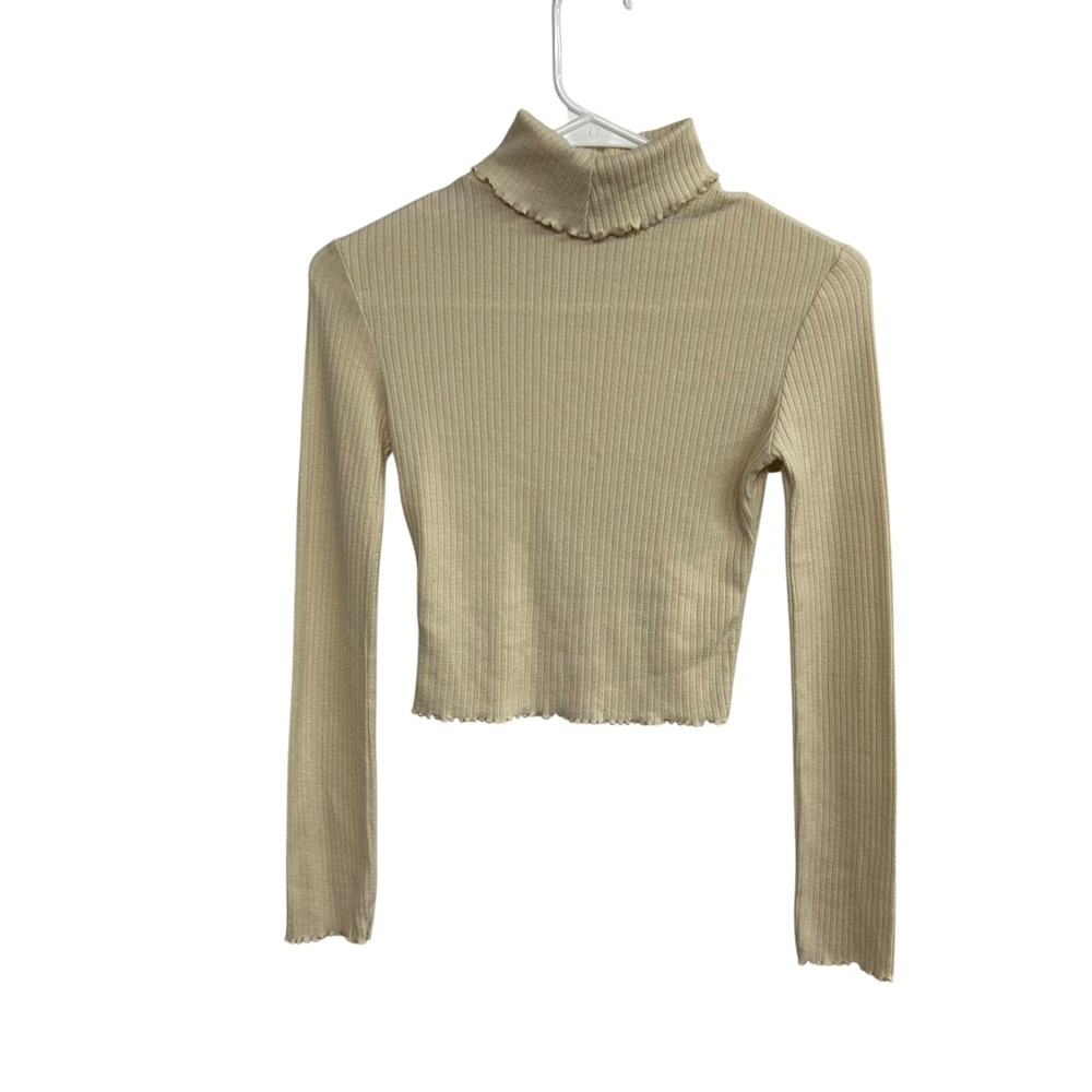 BDG Urban Outfitters Rib Knit Mock Neck Crop Top XS Beige Clean Girl Minimalist‎